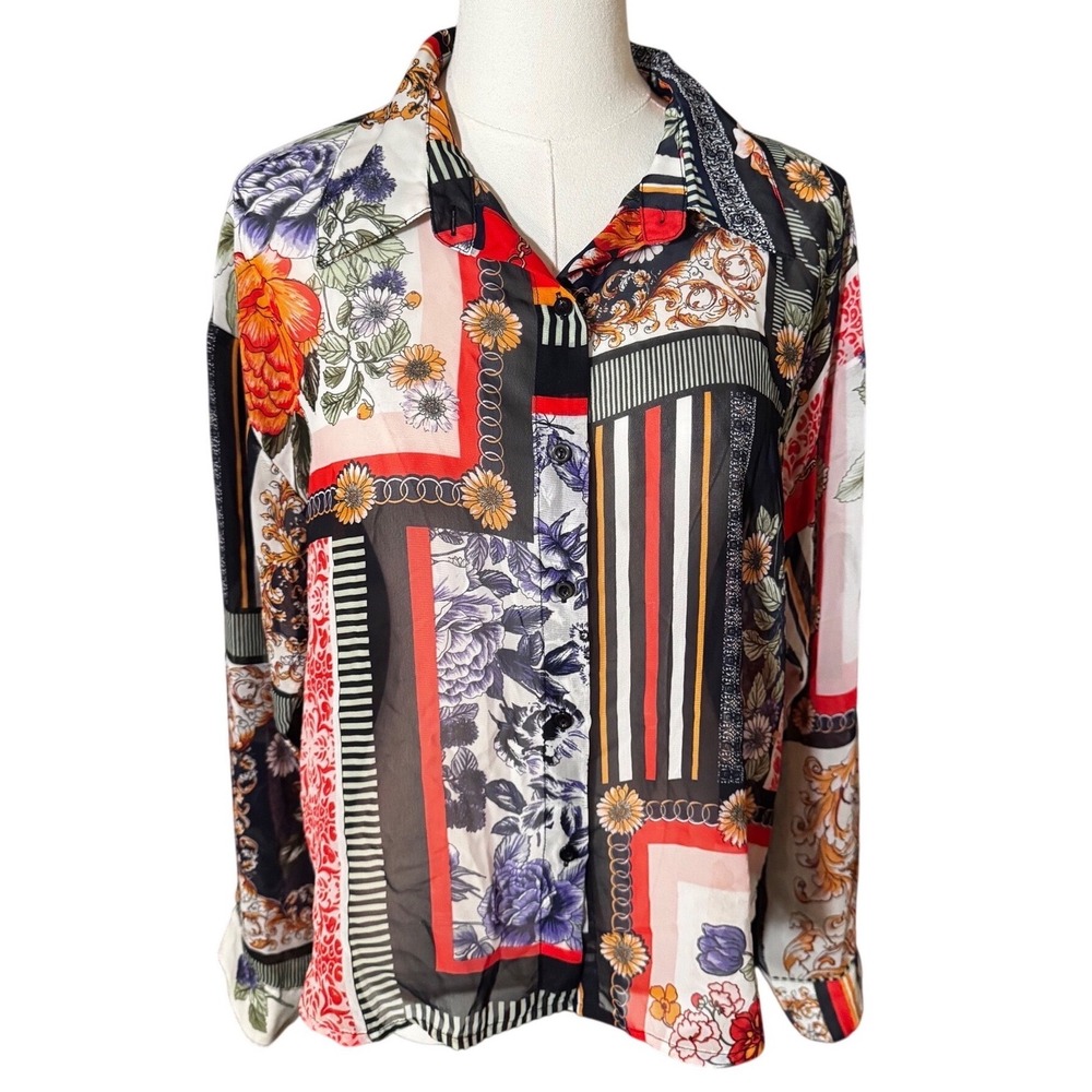 Hers &‎ Mine Womens Patchwork Scarf Print Button Down Blouse Multi Color Small